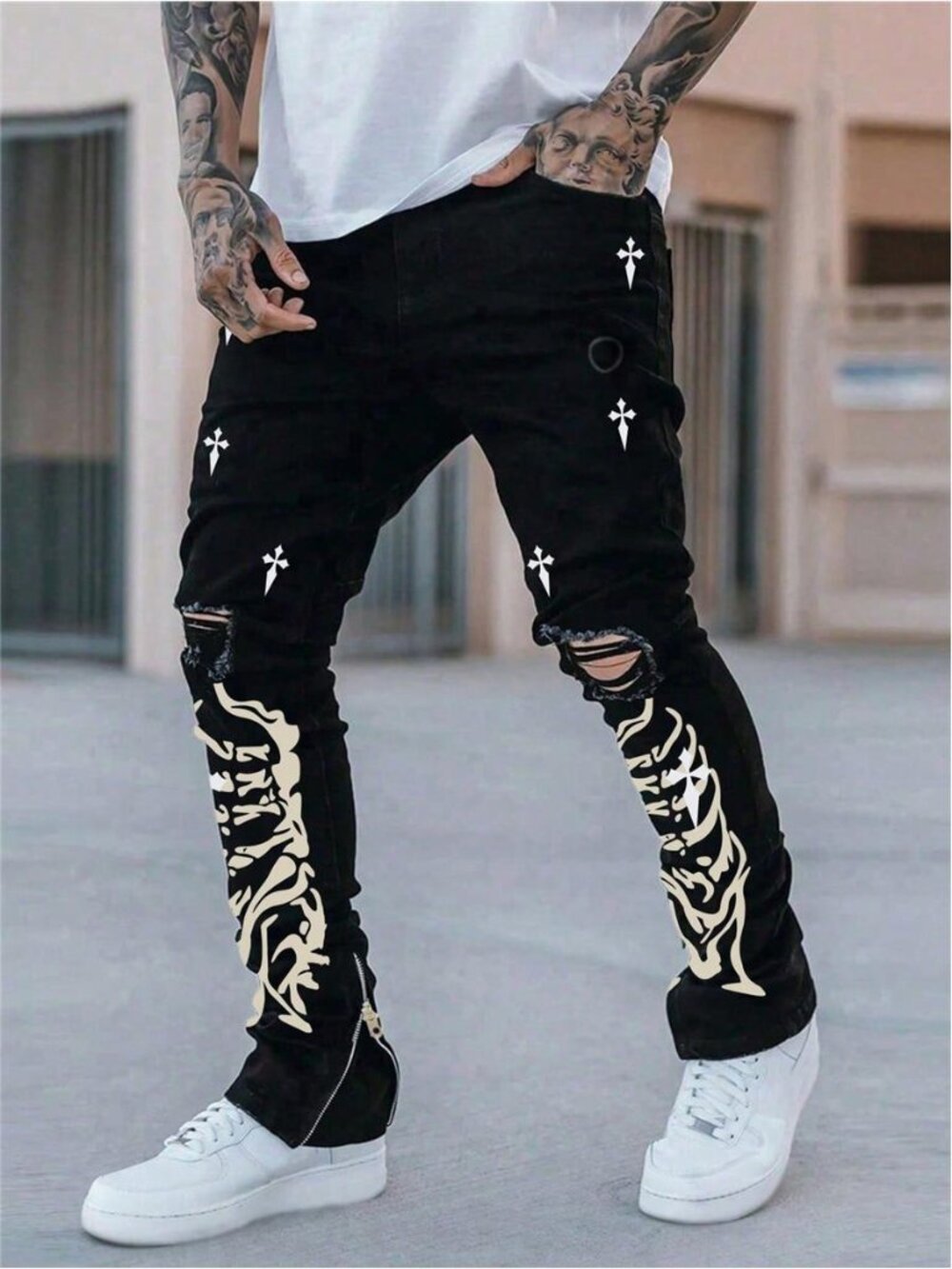 Men's Ripped Personalized Zipper Hem Halloween Themed Denim Jeans
